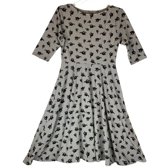 Unique Vintage Dresses & Skirts - Unique Vintage Black Cat Knit Dress Medium 6-8 Gray Black Fit Flare Halloween